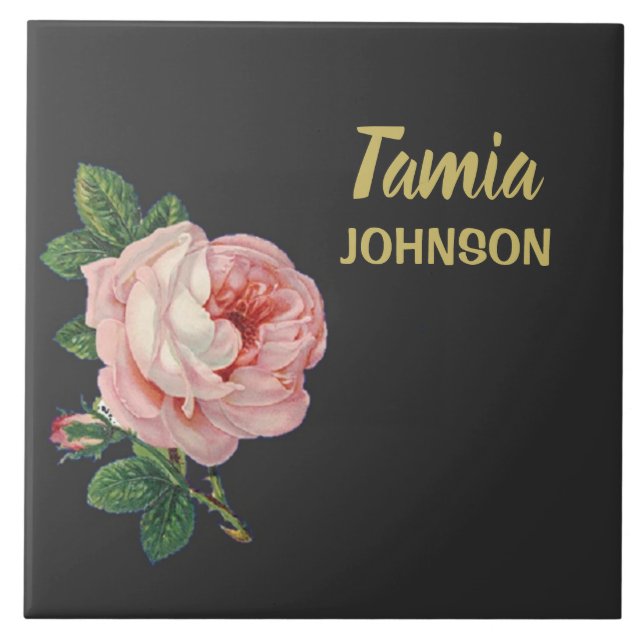 Pink flower custom name grey ceramic tile (Front)
