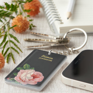 Pink flower custom name grey key ring