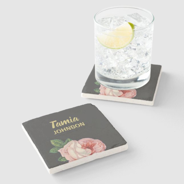 Pink flower custom name grey stone coaster (Side)