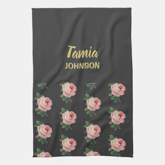 Pink flower custom name grey tea towel (Vertical)