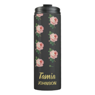 Pink flower custom name grey thermal tumbler