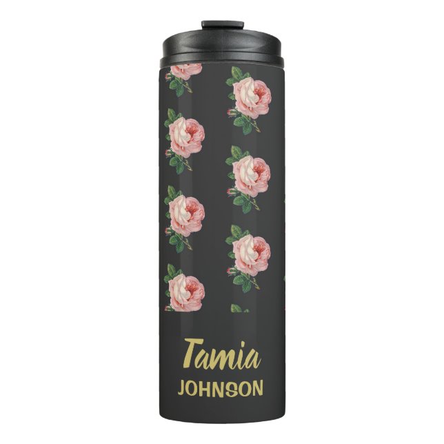 Pink flower custom name grey thermal tumbler (Front)