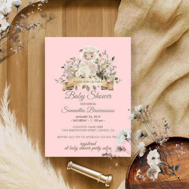 Pink Flower Cute Sheep Lamb Invitation (Creator Uploaded)