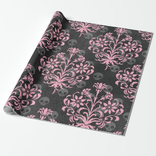 Pink Flower Damask with Skulls on Grey Wrapping Paper