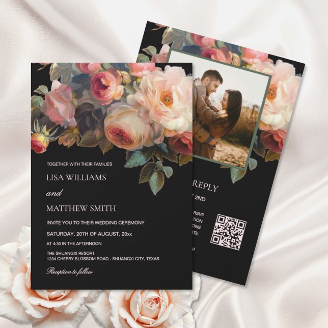 Pink Flower Dark Floral | Photo Wedding Invitation (Creator Uploaded)