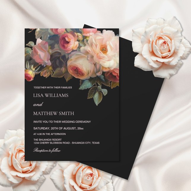 Pink Flower Dark Floral Roses Wedding Invitation (Creator Uploaded)