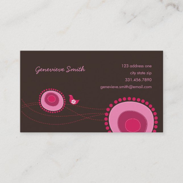Pink Flower Dots and Happy Bird Fun Profile Card / (Front)