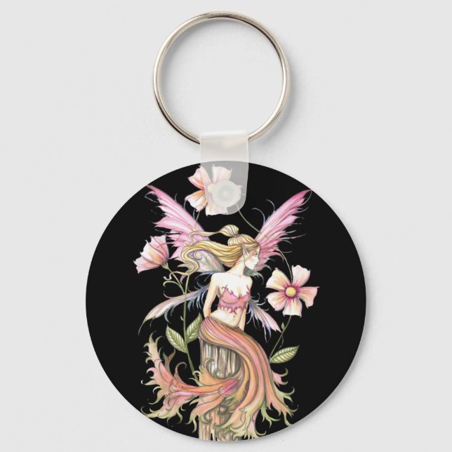 Pink Flower Fairy Art Key Ring (Front)