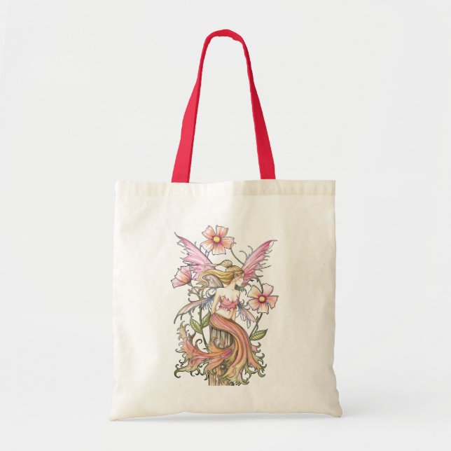 Pink Flower Fairy Budget Tote Bag, Grocery Bag (Front)