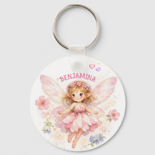 Pink Flower Fairy with Custom Name and Inspiration Key Ring
