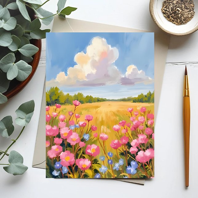 Pink Flower Field Landscape Painting Postcard (Creator Uploaded)