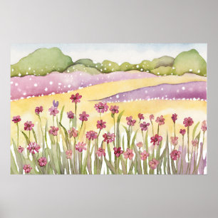 Pink Flower field sunset Painting watercolor Poster