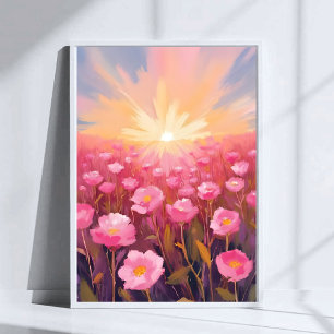 Pink Flower Field Watercolor Floral Poster