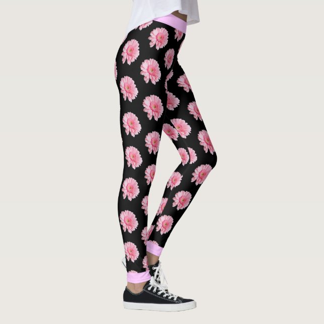 Pink Flower Floral Pattern on BLACK Leggings (Right)