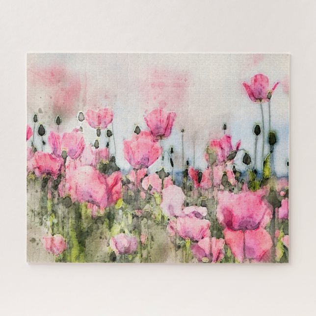 Pink Flower Floral Watercolor Artistic Jigsaw Puzzle (Horizontal)