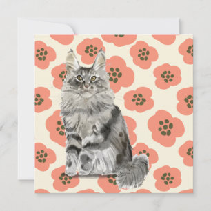Pink Flower Floral Watercolor Grey Maine Coon Cat