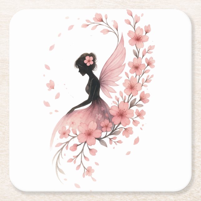 Pink Flower Flower Fairy of Sakura Square Paper Coaster (Front)