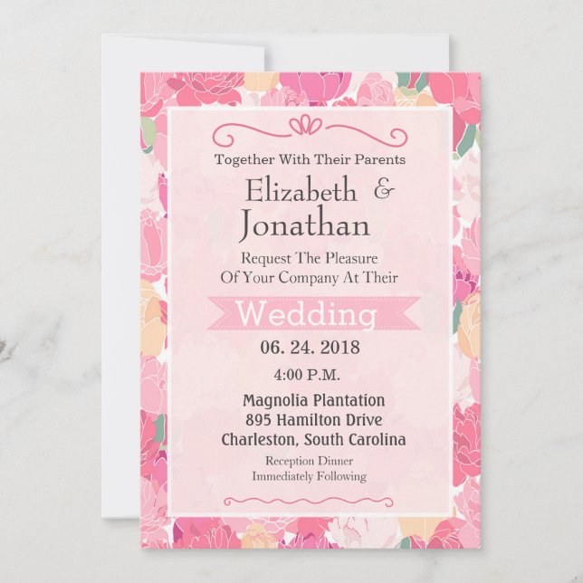 Pink Flower Frame Wedding Invitation (Front)