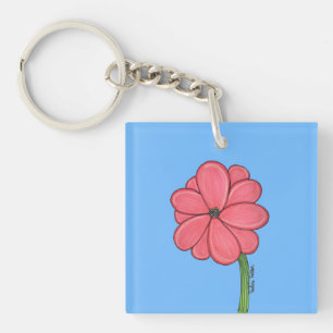Pink Flower Full with Blue background Key Ring