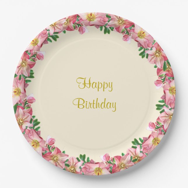 Pink Flower Garland on Ivory Happy Birthday Paper Plate (Front)