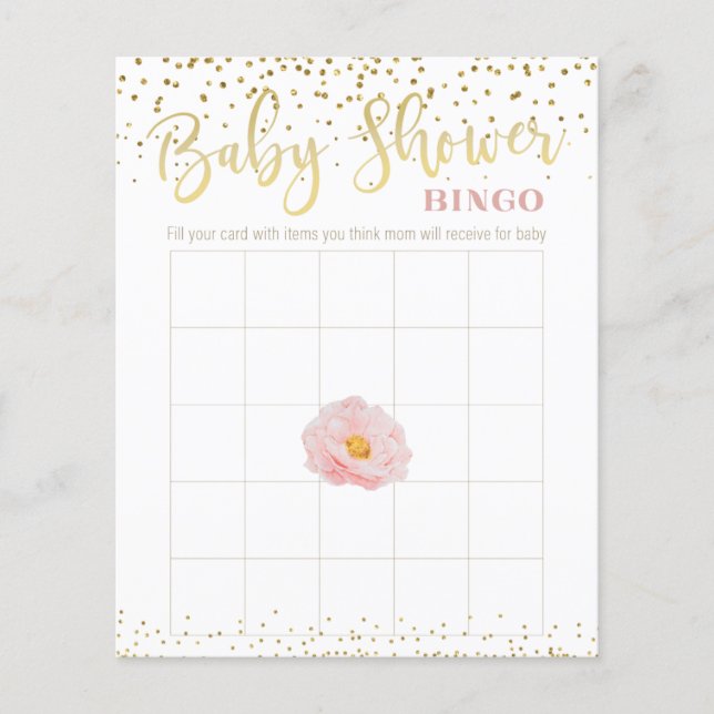 Pink Flower Gold Accent Baby Shower Bingo Game (Front)