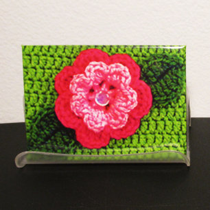 Pink Flower Grass Green Leaf Artisan Crochet Print Magnet