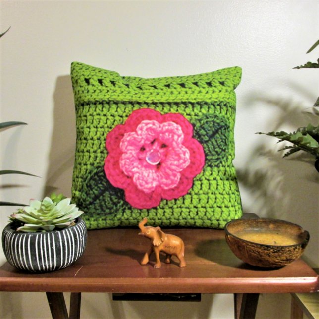 Pink Flower Green Artisan Crochet Print Outdoor Cushion (Creator Uploaded)