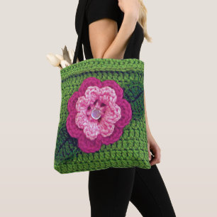 Pink Flower Green Leaf Artisan Crochet Print  Tote Bag