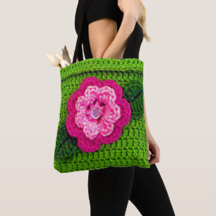 Pink Flower Green Leaves Artisan Crochet Print Tote Bag