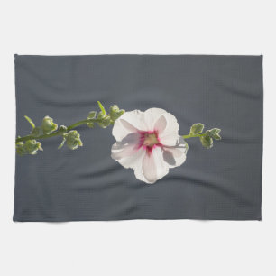 Pink Flower green leaves on dark grey Mallow  Tea Towel