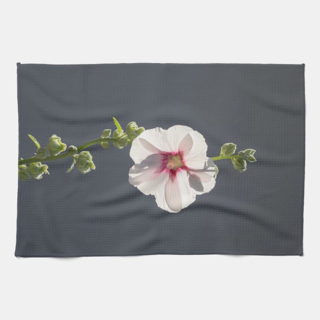 Pink Flower green leaves on dark grey Mallow  Tea Towel (Horizontal)