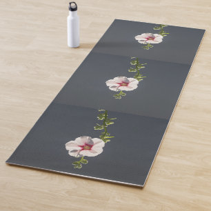 Pink Flower green leaves on dark grey Mallow  Yoga Mat