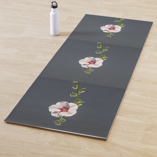 Pink Flower green leaves on dark grey Mallow  Yoga Mat (In Situ)