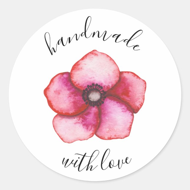 Pink Flower Handmade with Love Classic Round Sticker (Front)