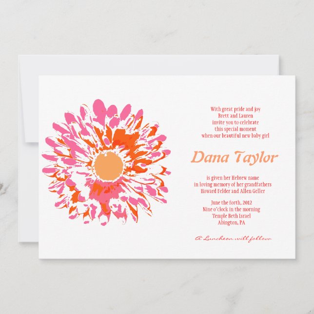 Pink Flower Jewish Baby Naming Invitation Hebrew (Front)