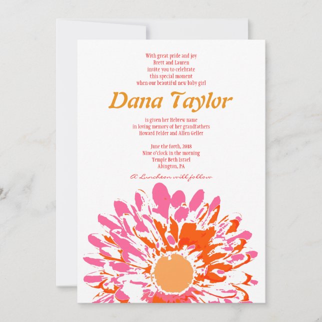 Pink Flower Jewish Baby Naming Invitation Hebrew (Front)