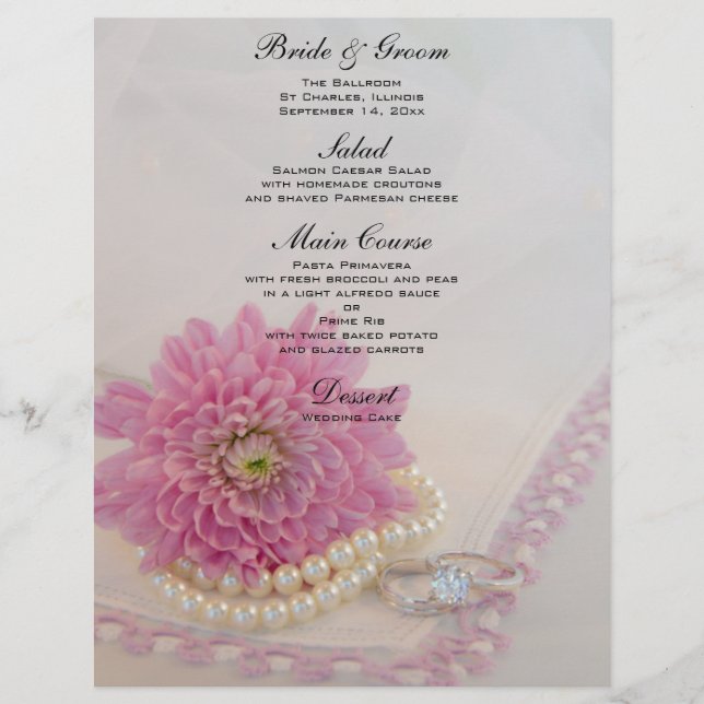 Pink Flower, Lace and Rings Wedding Menu (Front)