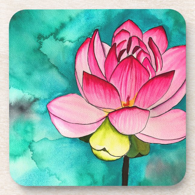Pink flower lotus fine art watercolor coaster (Front)