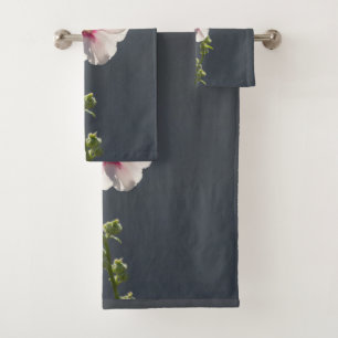 Pink Flower Mallow green leaves on dark grey  Bath Towel Set