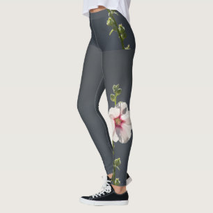 Pink Flower Mallow green leaves on dark grey Leggings