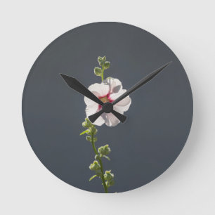 Pink Flower Mallow green leaves on dark grey  Round Clock
