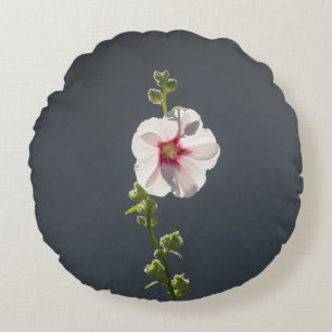 Pink Flower Mallow green leaves on dark grey Round Cushion