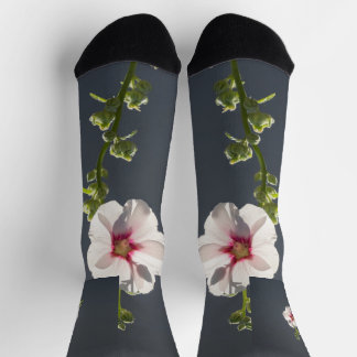 Pink Flower Mallow green leaves on dark grey Socks
