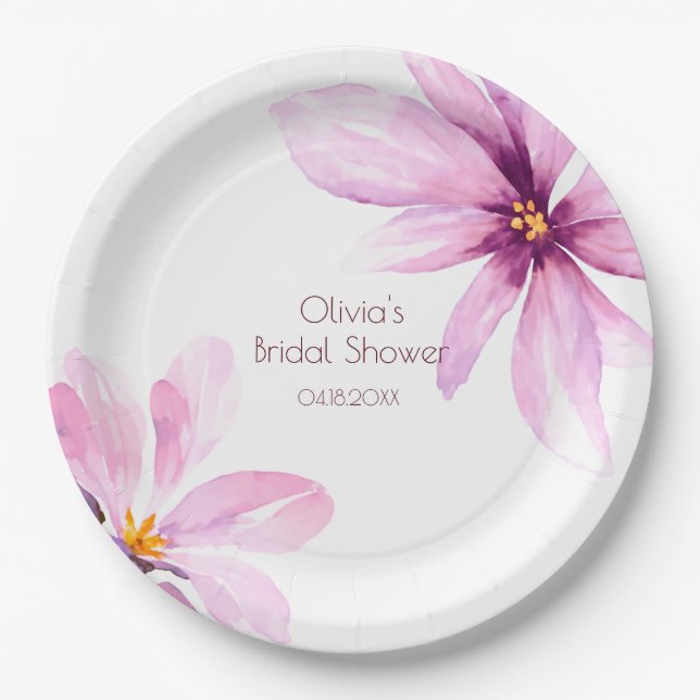 Pink Flower Minimalist elegant Bridal Shower Paper Plate (Front)