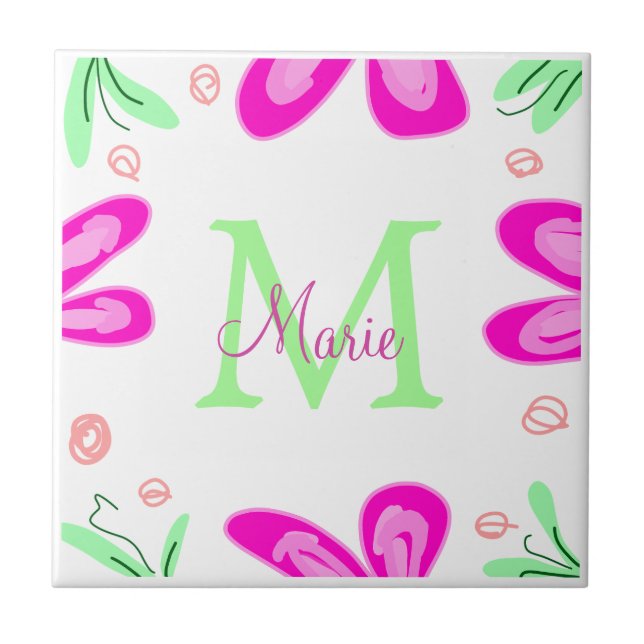 Pink flower monogram add name letter green leaf ceramic tile (Front)