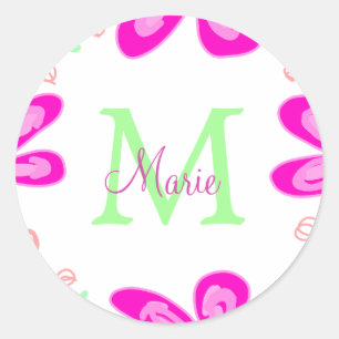 Pink flower monogram add name letter green leaf classic round sticker