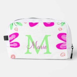 Pink flower monogram add name letter green leaf dopp kit