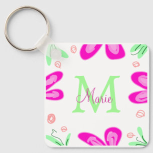 Pink flower monogram add name letter green leaf key ring