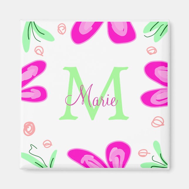 Pink flower monogram add name letter green leaf magnet (Front)