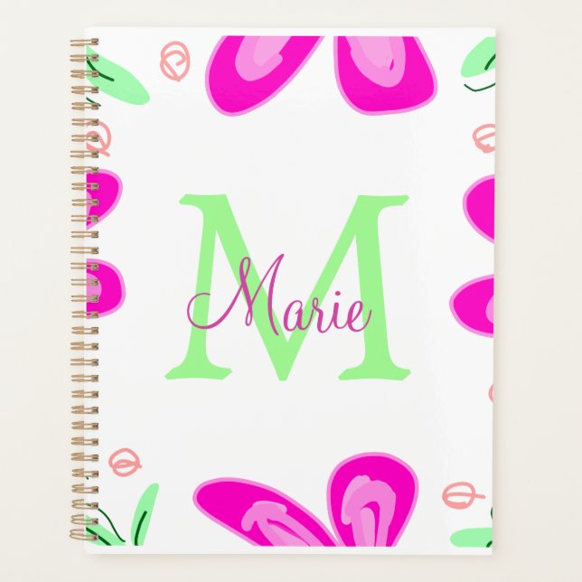 Pink flower monogram add name letter green leaf planner (Front)